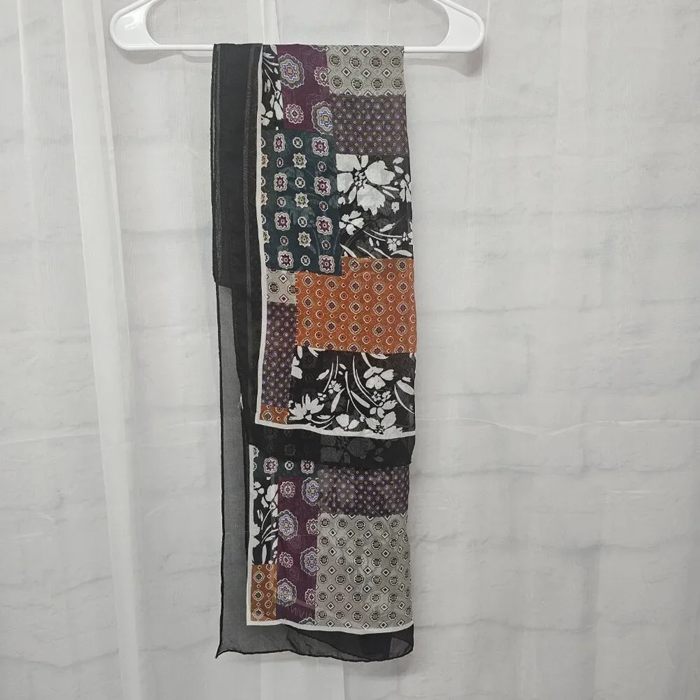 Calvin Klein Scarf Patchwork Boho Floral Black Purple Sheer Rectangular